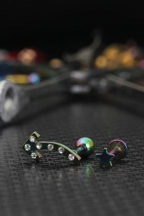 Cerrahi Çelik Kıkırdak Tragus Yıldız Ok Piercing Set 2 Adet Rainbow 15354678937