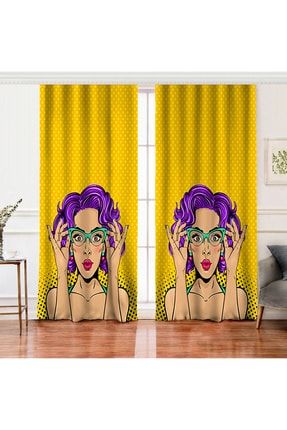 Çift Kanat Sarı Puanlı Popart Desenli Dekoratif Salon Fon Perdesi Rh-PerdeCift-3290