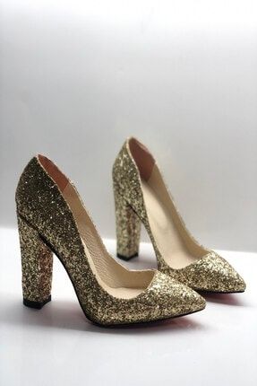 Kadın Altın Cam Kırığı Stiletto Kalın Topuklu Ayakkabı TWS-015K-02