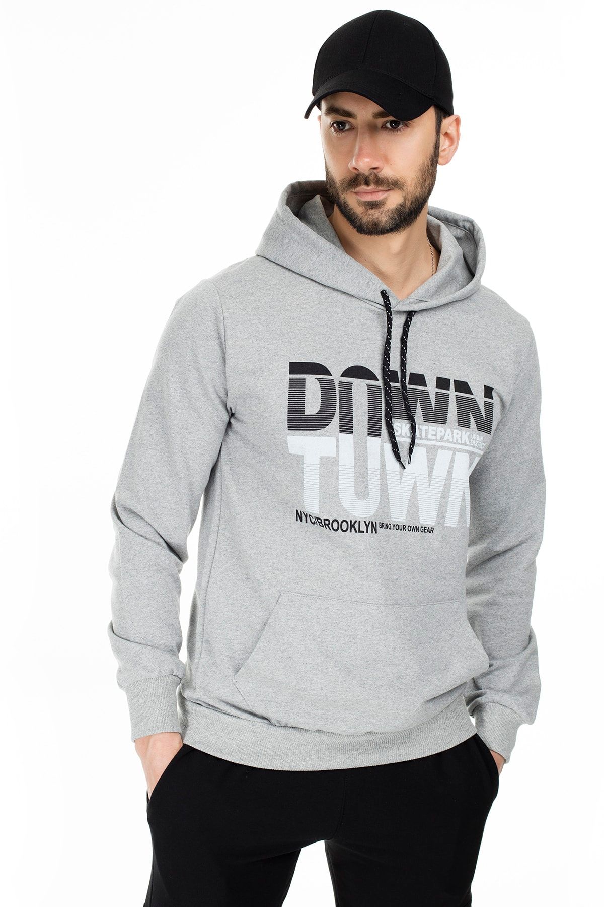 Buratti Erkek Gri On Beden Baskili Kapusonlu Cepli Standart Fit Sweatshirt 541downtown Trendyol