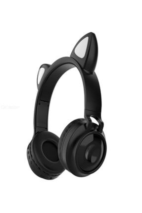 Led Işıklı Kedi Kulaklı Kulak Üstü Kablosuz Bluetooth Kulaklık Mikrofonlu Hafız Kart Girişli - Siyah TM10065