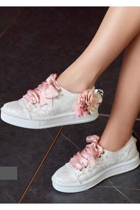 Kadın Beyaz Pembe Çiçekli Gelin Ayakkabısı dmlca682a