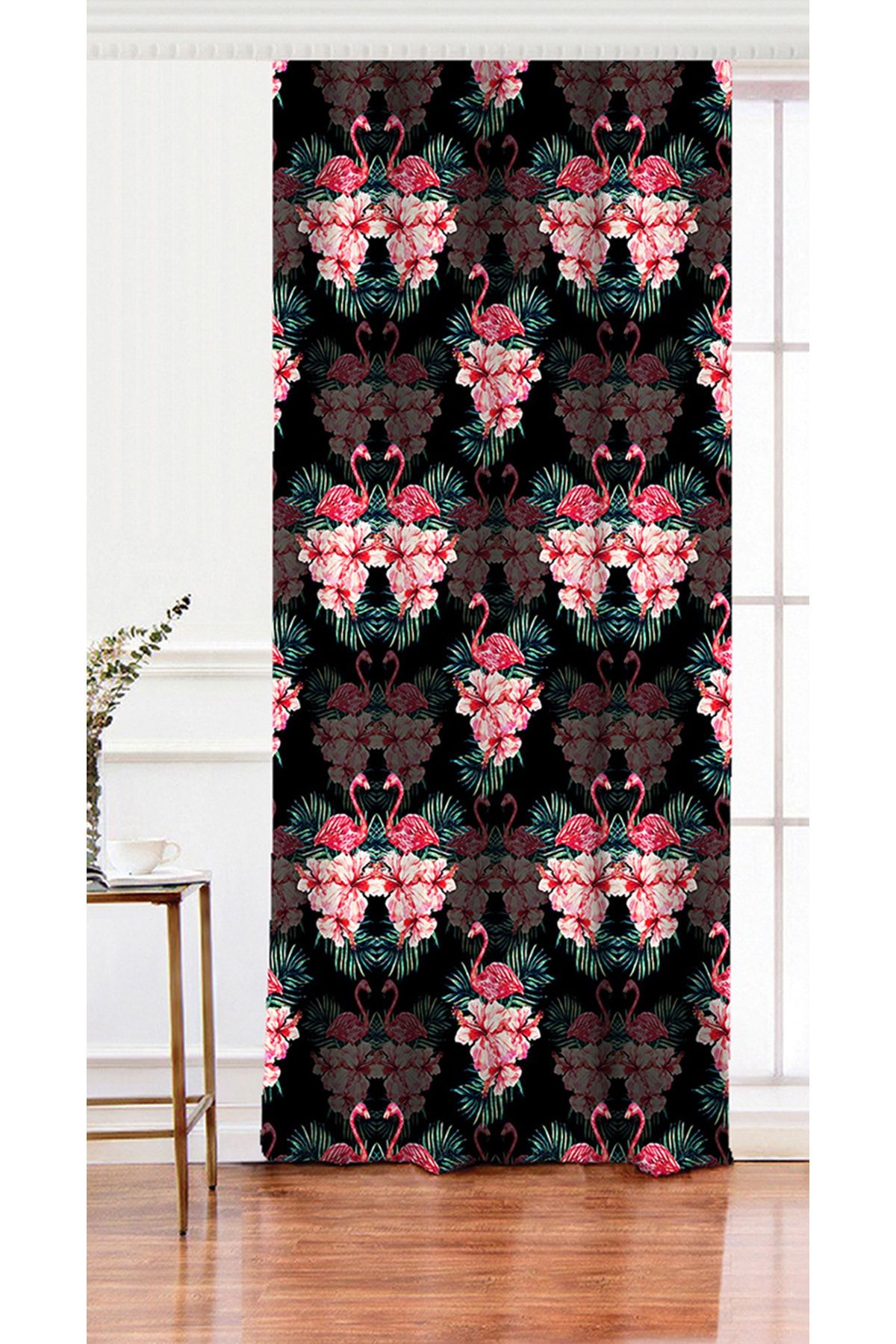 Realhomes Lilien Și Flamingo Design Special, Cu O Singură Aripă, Perdea De Fundal Pentru Sufragerie Pe Fundal Negru - 140 x 200
