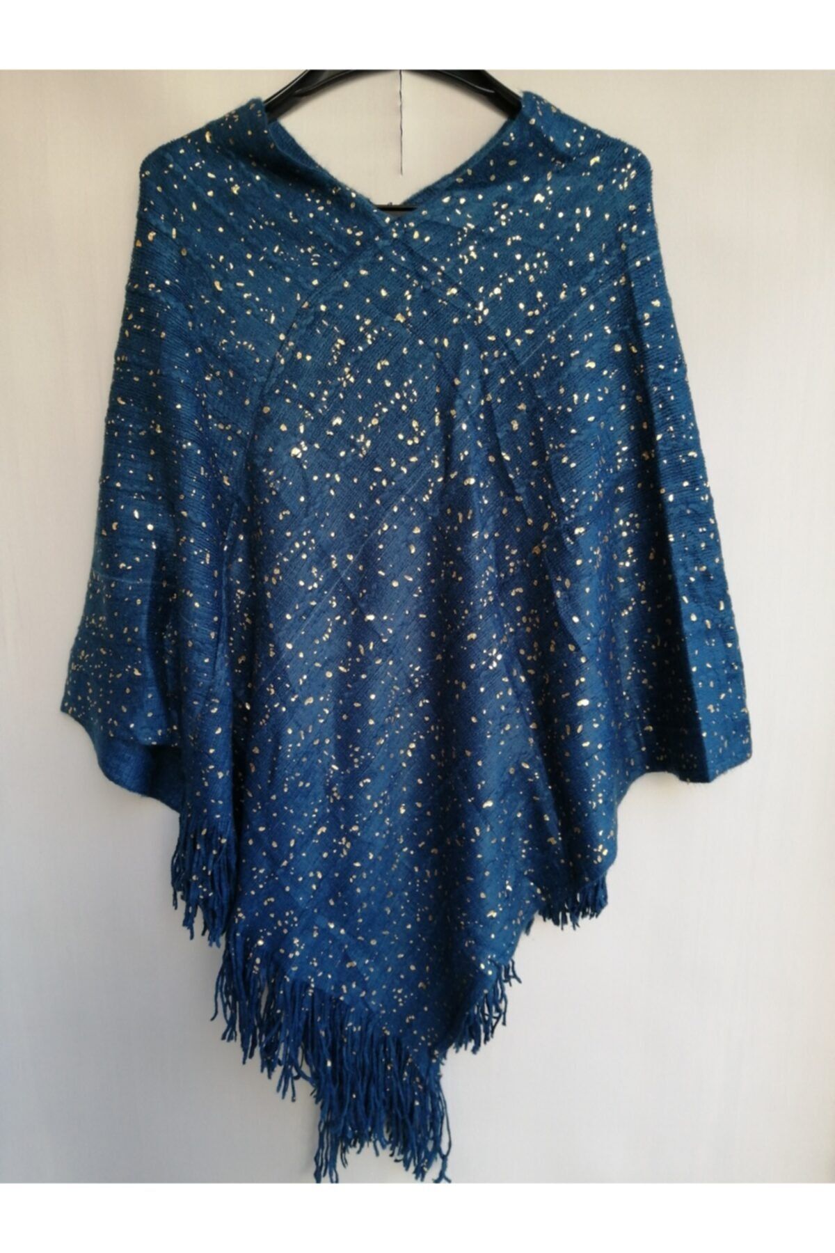 Butik Tülin-Women's Authentic Acrylic Petrol Blue Gold Glitter Women's Shawl Poncho Made in China 1