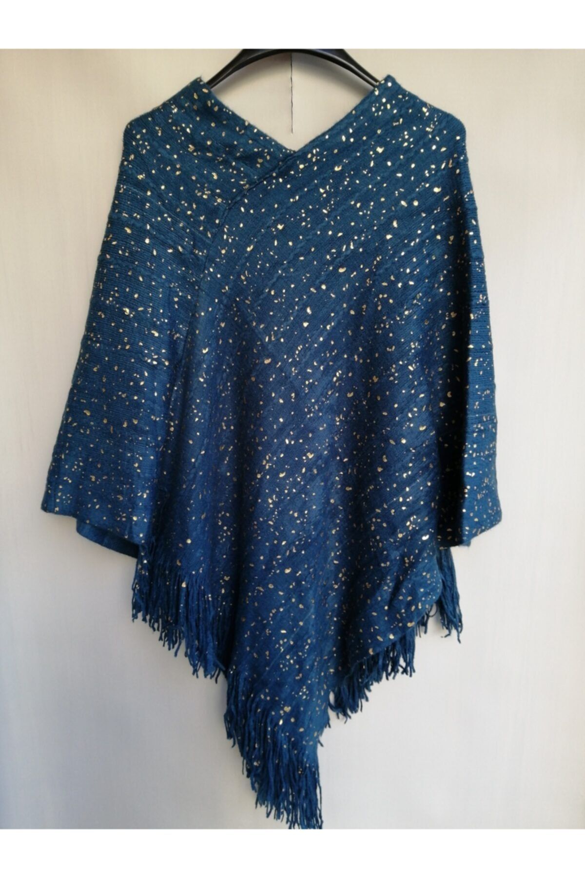 Butik Tülin-Women's Authentic Acrylic Petrol Blue Gold Glitter Women's Shawl Poncho Made in China 2