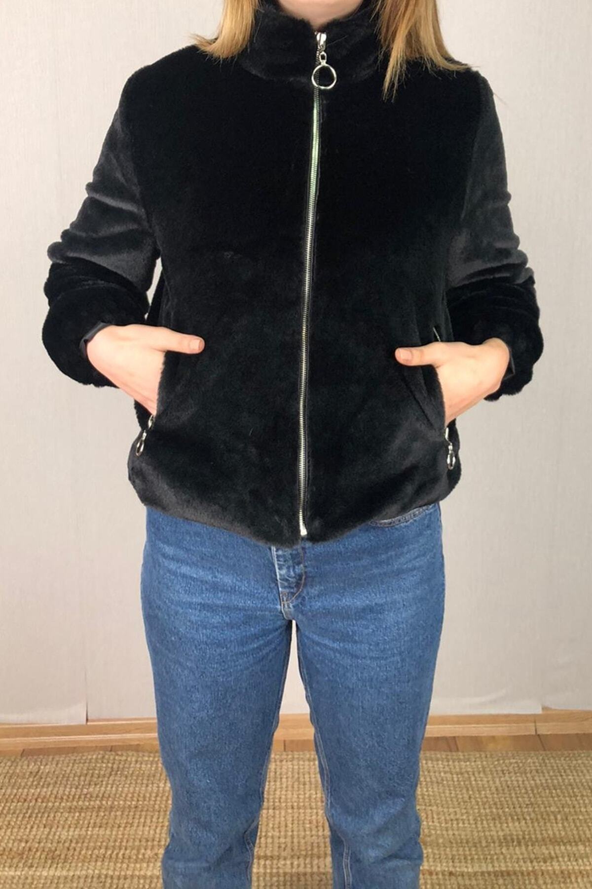 TwillCollection  Kadın Siyah Fermuarlı Kürk Mont - Görsel 3