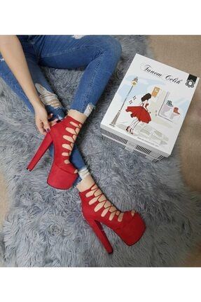 Kadın Kırmızı Süet Gladyatör 21cm Klasik Topuklu Ayakkabı TANEMCE1305