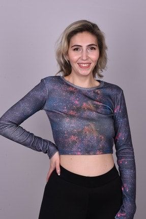 Kadın Lacivert Turuncu Çok Renkli Baskılı Uzun Kol Crop Top MGSUKRP02