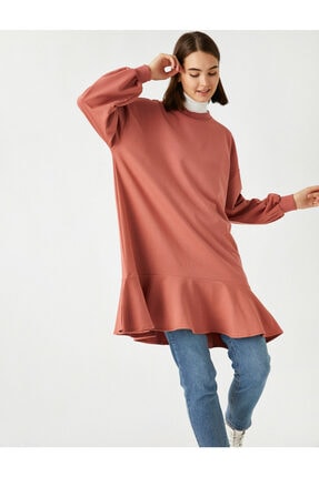 Koton Kadın Pembe Pamuklu Bisiklet Yaka Volan Detaylı Uzun Sweatshirt