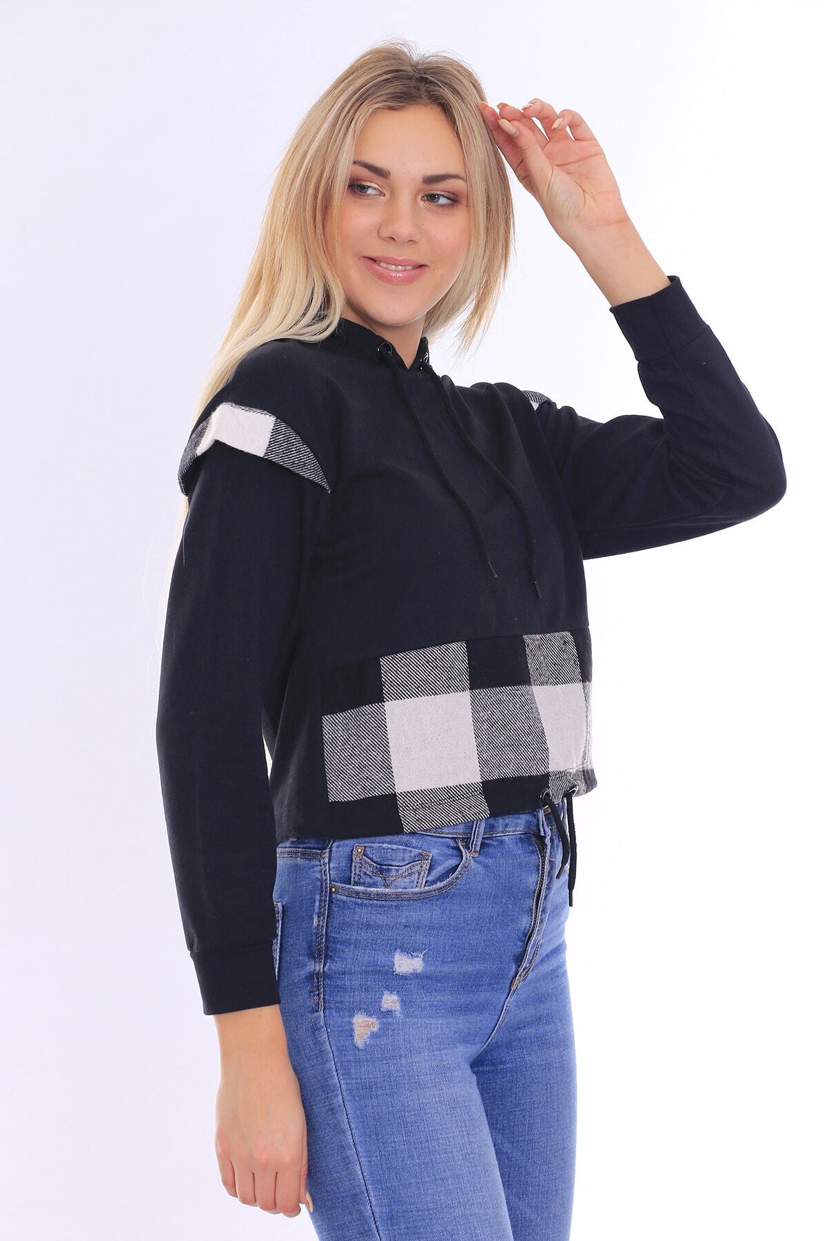 Kadın Siyah Ekoseli  Sweatshirt