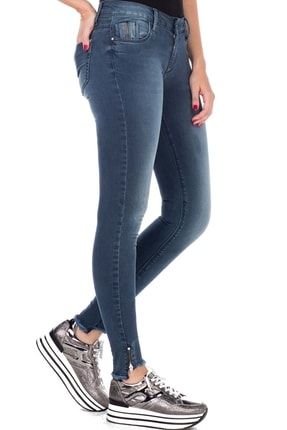 Kadın Mavi Paçası Fermuarlı Slim Fit Kot Pantolon CBJ-WD355-019
