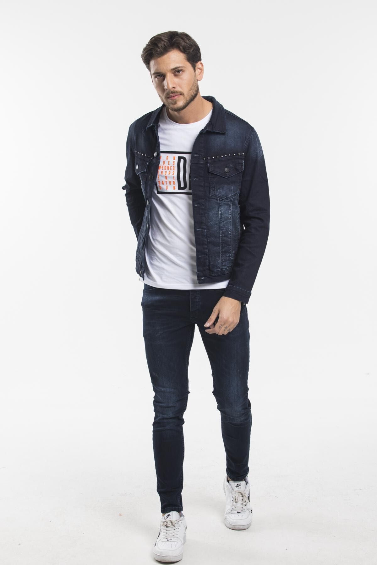 Shoppingdimoda Men s Navy Blue Denim Jacket with Back Print Detail