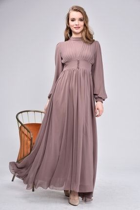 Kadın Düğme Ve Şifon Detaylı Vizon Abiye Elbise frc240