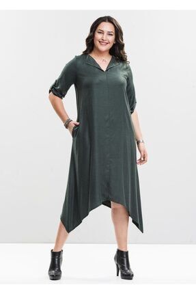 Yeşil Yakası Zincirli Yeşil Büyük Beden Elbise 370 - Y