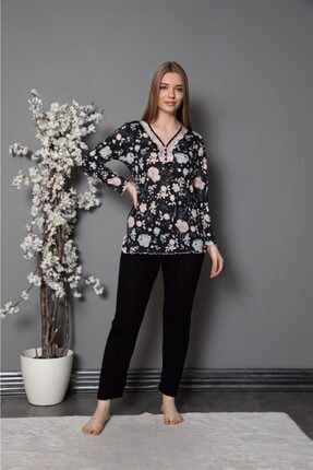 Kadın Siyah Viskon Bambu Dantelli Düğmeli Pijama Takımı siyahgül8000