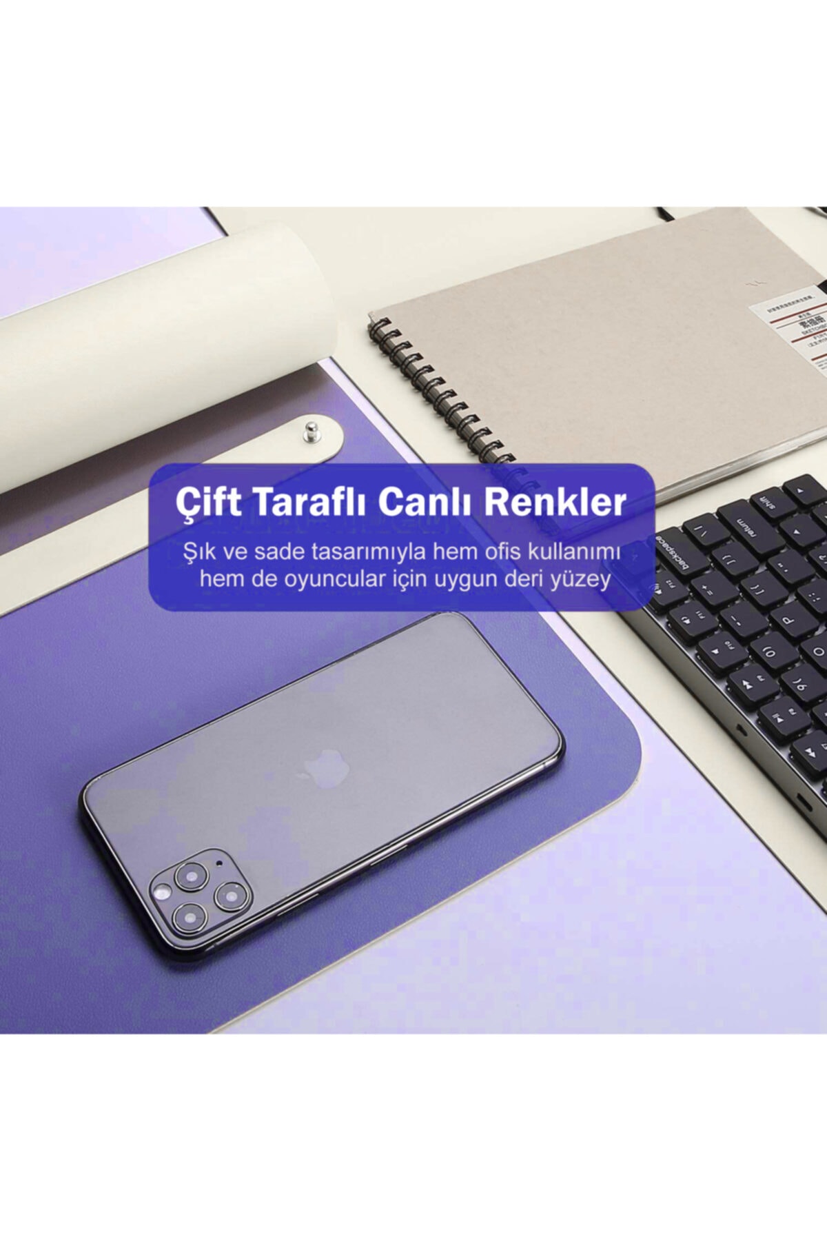 Çift Renk Deri Mousepad Laptop Bilgisayar Için 80x40 Cm Mor Ve Beyaz 3