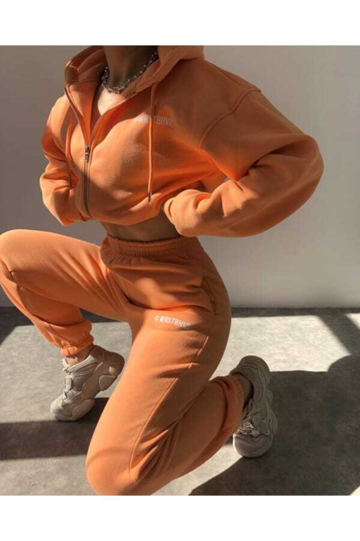 MAİ COLLECTİON Baskılı Fermuarlı Turuncu Takım