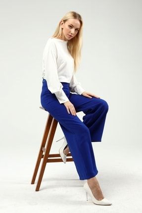Kadın Bol Paça Kemerli Mavi Krep Pantolon FRC800