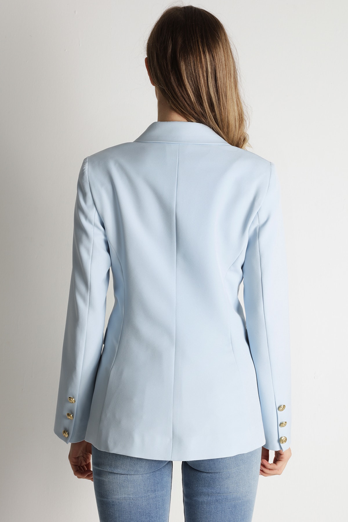 Select Moda  Kadın Mavi Gold Düğmeli Blazer Ceket - Görsel 4