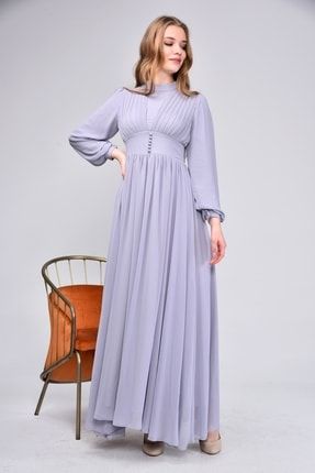 Kadın Düğme Ve Şifon Detaylı Gri Abiye Elbise frc240