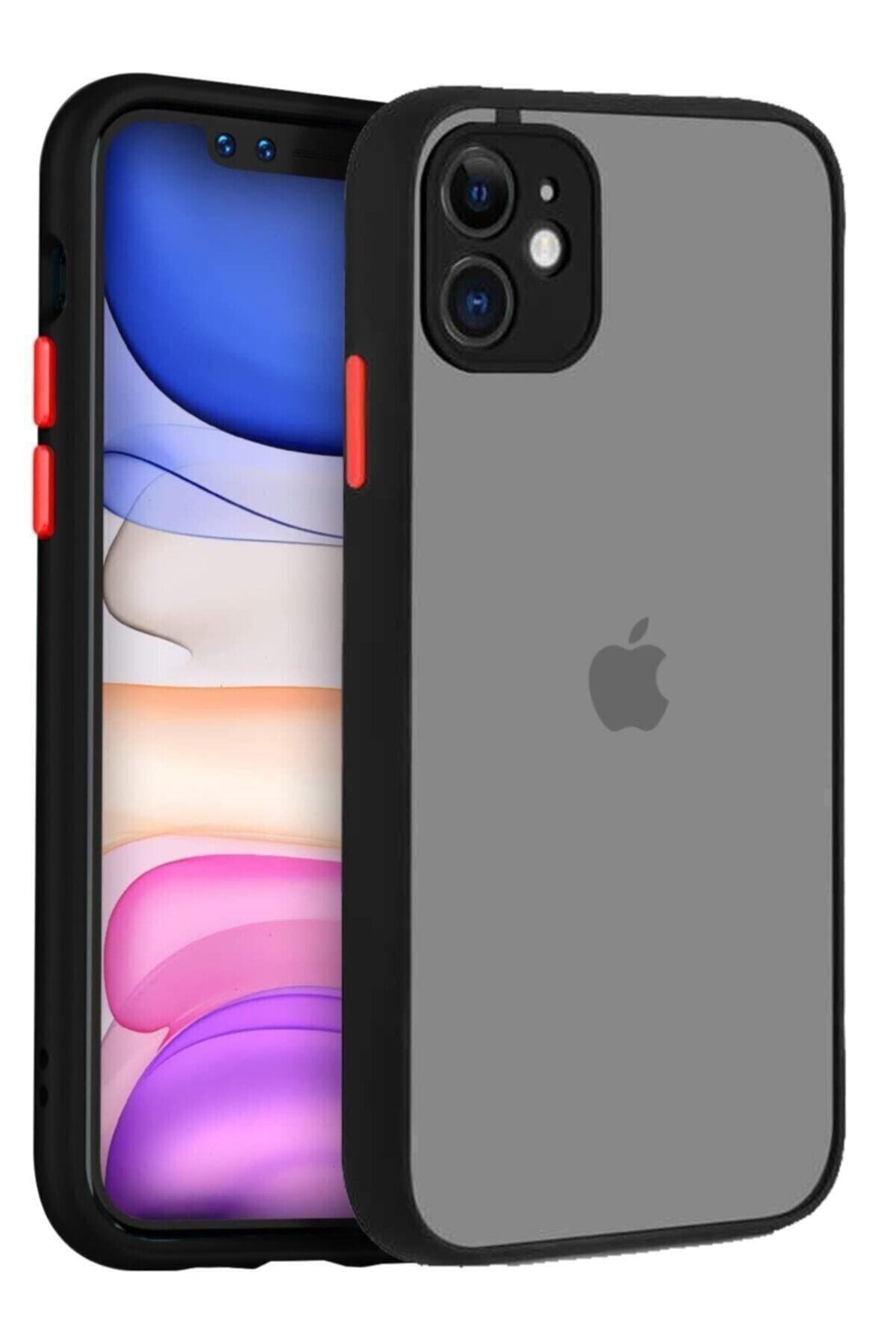 Iphone 11 6.1" Kenarları Renkli Kamera Korumalı Transparan Siyah Kılıf