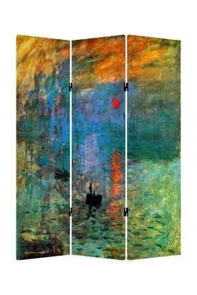 Claude Monet Gün Doğumu Izlenim 3 Kanatlı Oda Bölücü Çift Taraflı Kanvas Paravan stp301-03