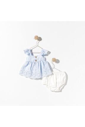 Kız Bebek Düğmeli Dantel Etekli Mavi Ikili Takım TYC00270386143