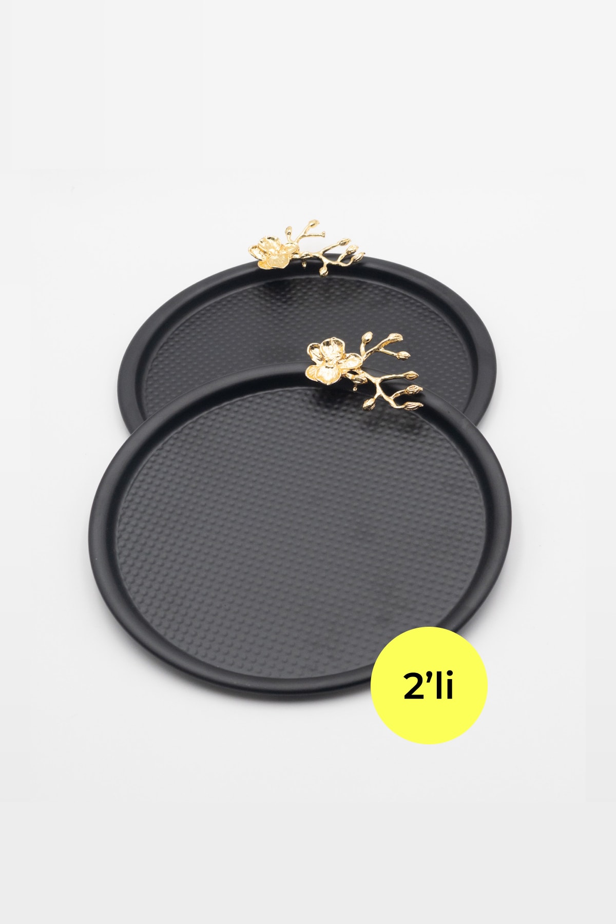 Set of 2 Black Decorative Round Tray with Japanese Roses, Tea, Coffee, Dessert, Cake Service Presentation Tray 22cm