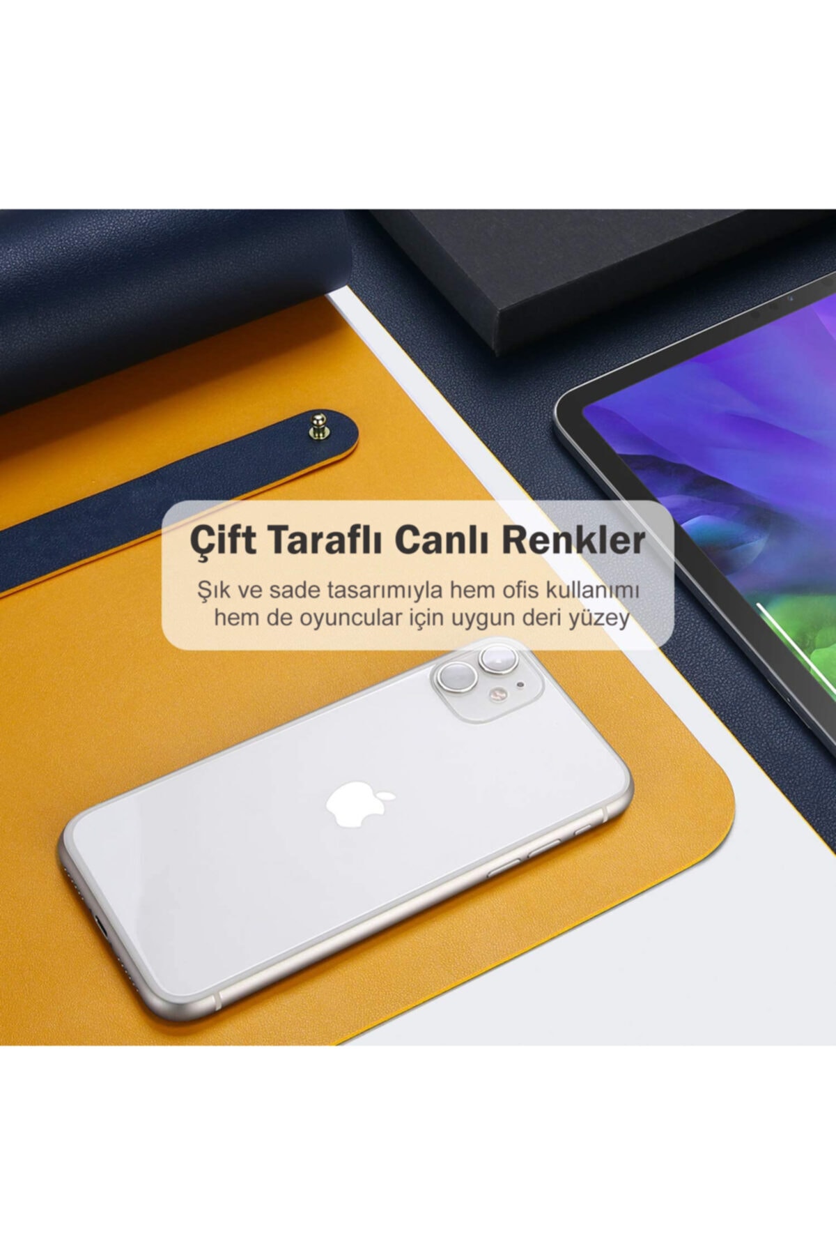 Çift Renk Deri Mousepad Laptop Bilgisayar Için 80x40 cm Sarı Ve Lacivert 3