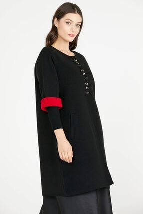 Kadın Taş Detaylı Uzun Triko Ceket - Siyah - Kırmızı 20K2104-34251.01-R0054