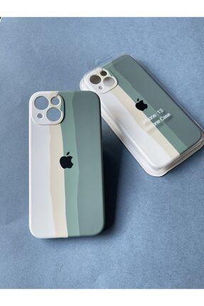 Rainbow Blu-Green Iphone 13 Uyumlu Logolu Lansman Kılıf - Içi Süet EN168786