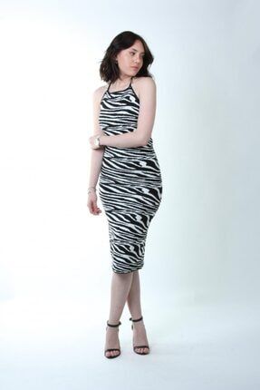 Zebra Desenli Askılı Triko Elbise - Siyah PMELBS0004