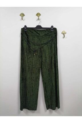 Büyük Beden Parlak Kışlık Kadife Yeşil Pantolon SRC5005