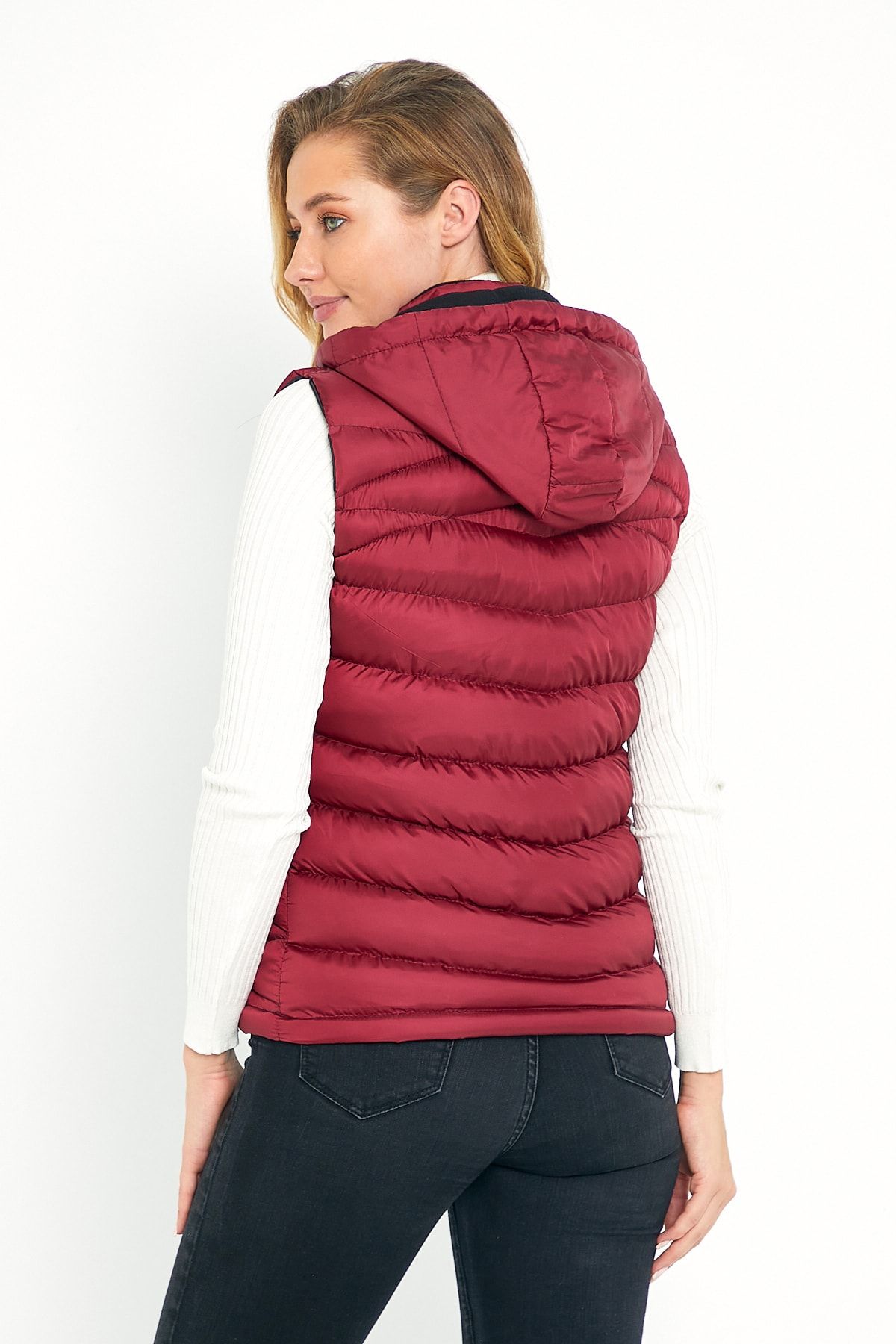 DYNAMO-Women's Burgundy Puffer Vest with Fleece Inside Hood 4