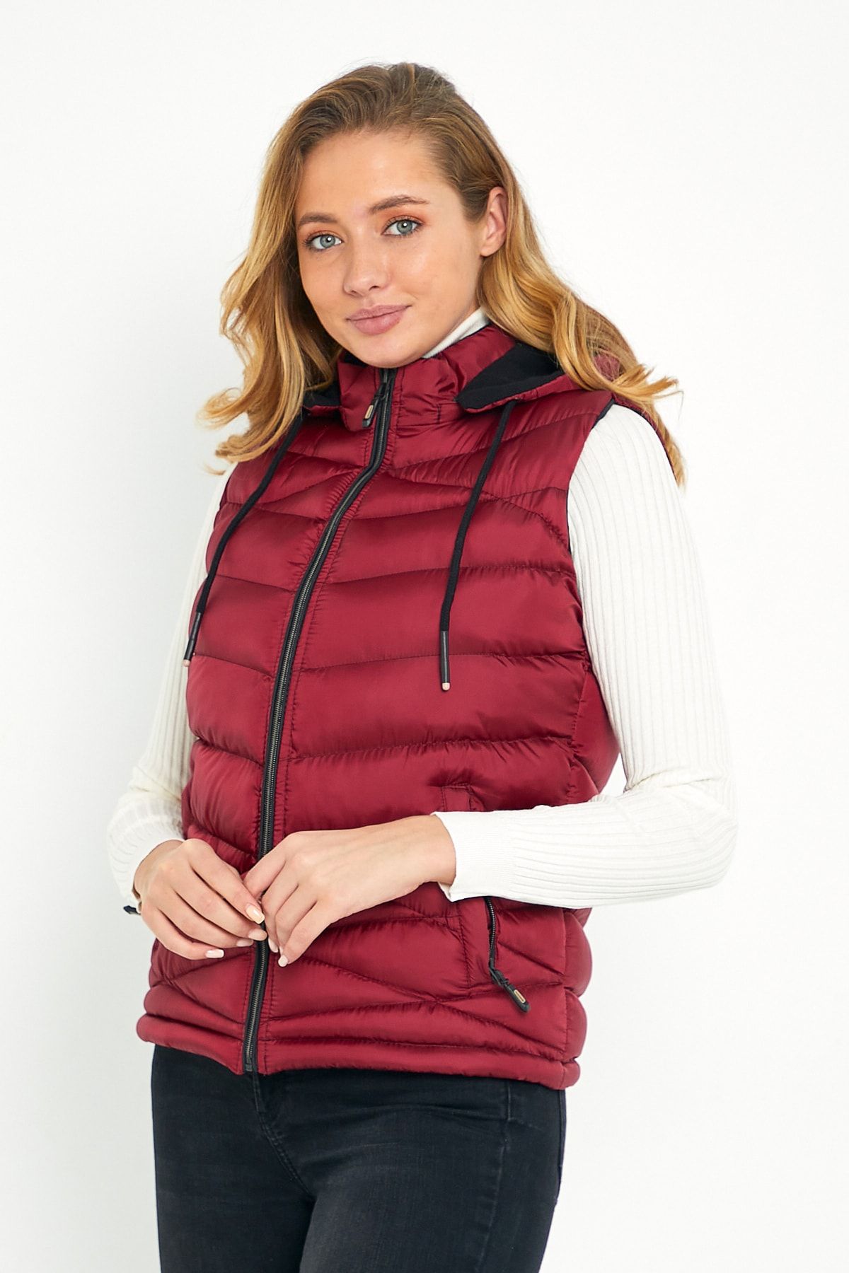 DYNAMO-Women's Burgundy Puffer Vest with Fleece Inside Hood 7