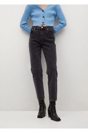 Kadın Siyah %100 Pamuklu Mom-fit Jean Pantolon