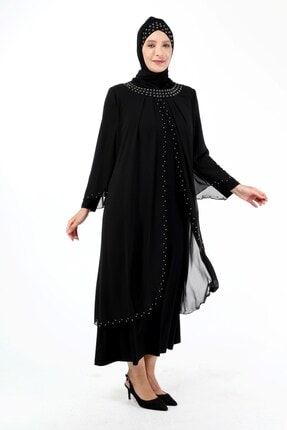 Boncuk Işlemeli Şifon Abiye Elbise Siyah Işlemeli Tasarım Şal PRA-4189816-374682