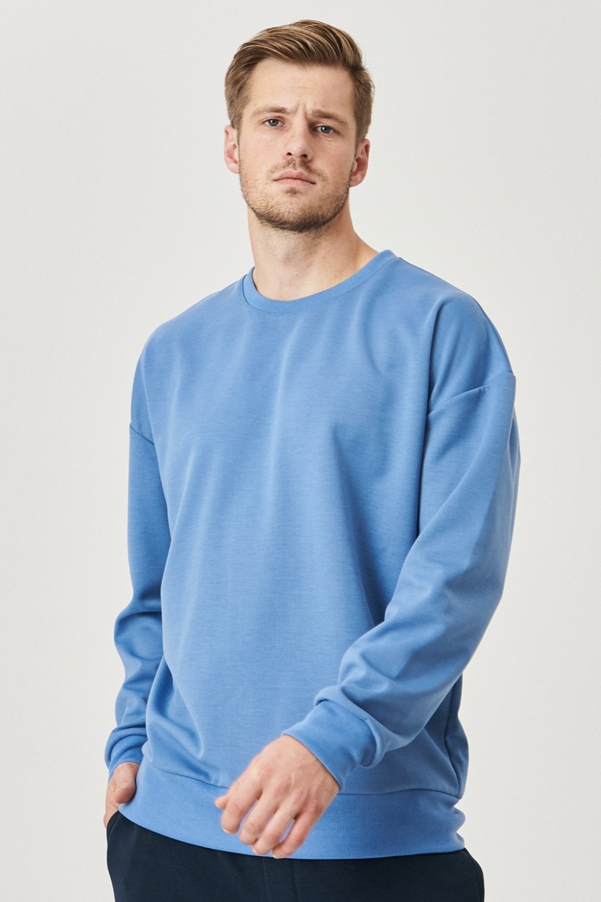 Erkek Indigo Günlük Rahat Sıfır Yaka Oversize Spor Sweatshirt