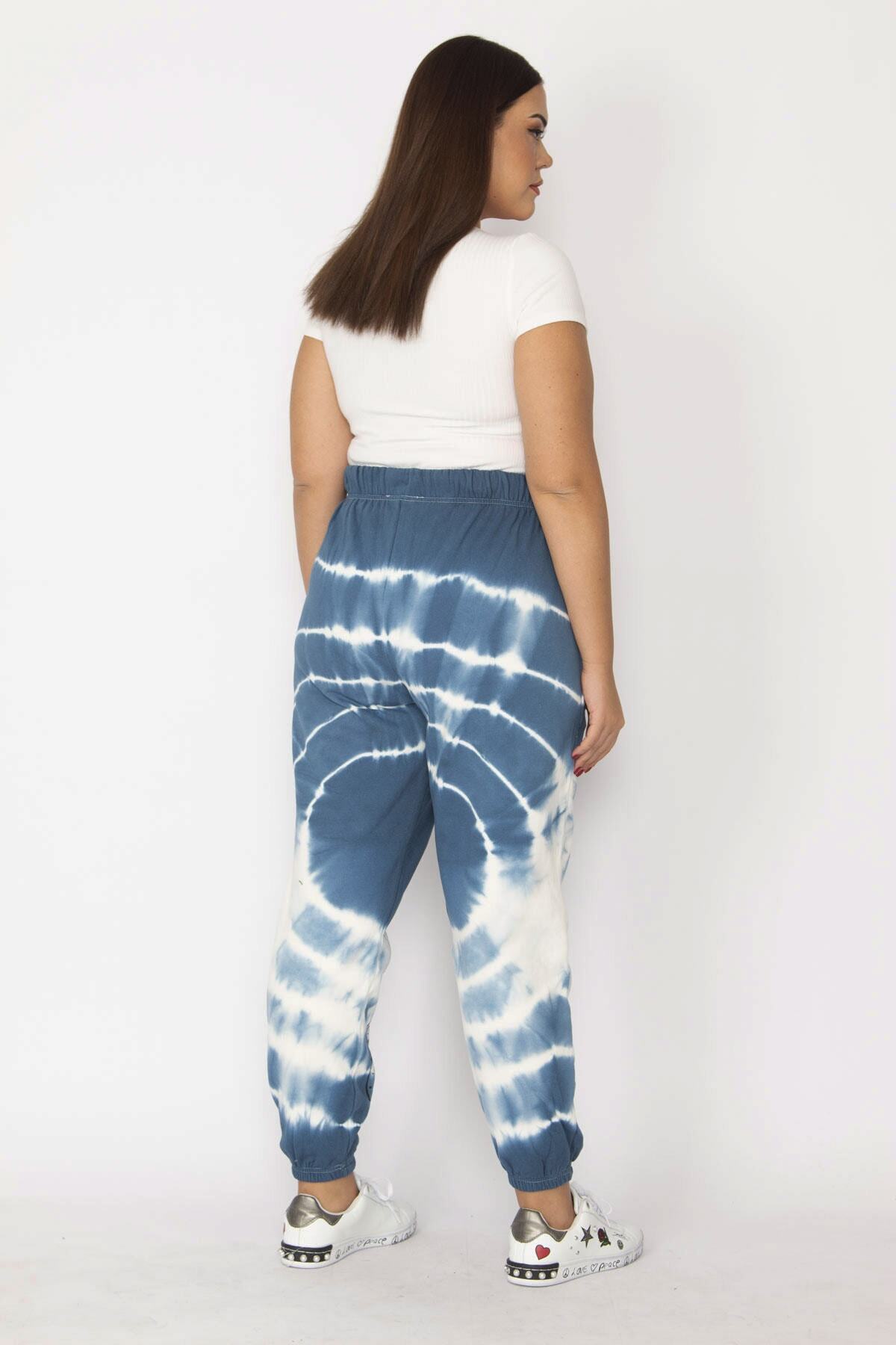 Şans-Women's Navy Blue Raised Inside 3 Thread Fabric Batik Patterned Trousers with Elastic Waist and Leg Legs 65N29150 5