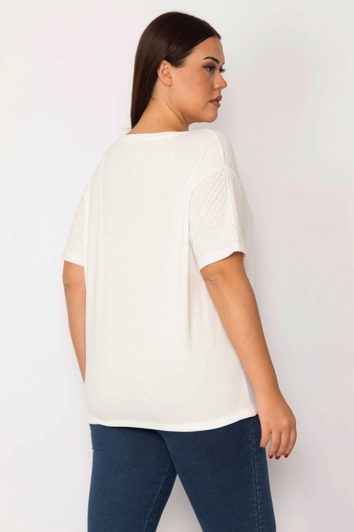 Şans-Women's Large Size Bone Front Glittery Nope Pattern Lace Detailed Crew Neck Blouse 65n29112 4