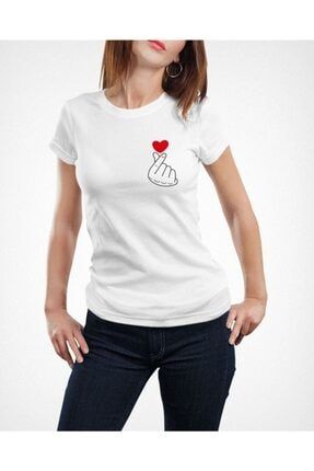 Kadın Beyaz Parmak Kalp Figürü T-Shirt EDD068