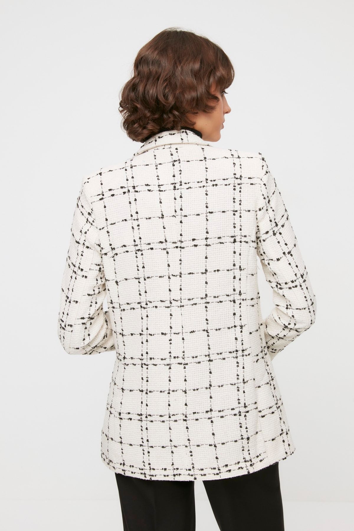 Trendyol Collection-Ecru Tweed Oversize szőtt kockás blézer dzseki TWOAW21CE0105 5
