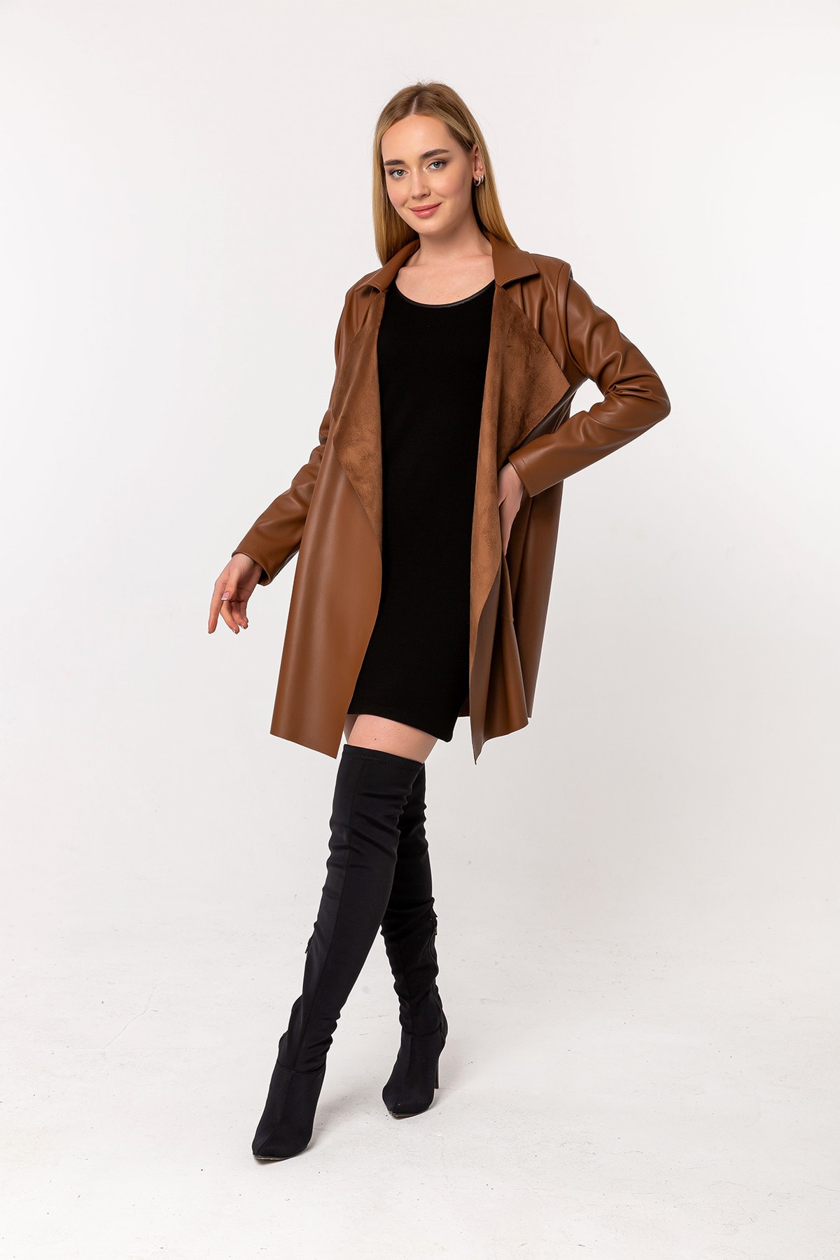 Laranor  Kahverengi Şal Yaka Şardonlu Deri Hırka - Görsel 2