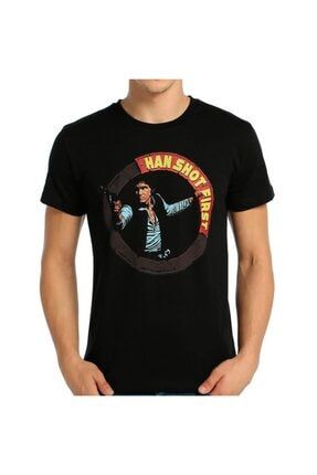 Erkek Siyah Star Wars Han Solo Baskılı T-shirt Tişört B111-103s