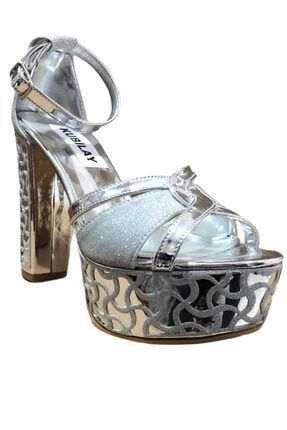 Kadın Gümüş Platform Taban Bilekten Bağlı Abiye Ayakkabı fptbb2