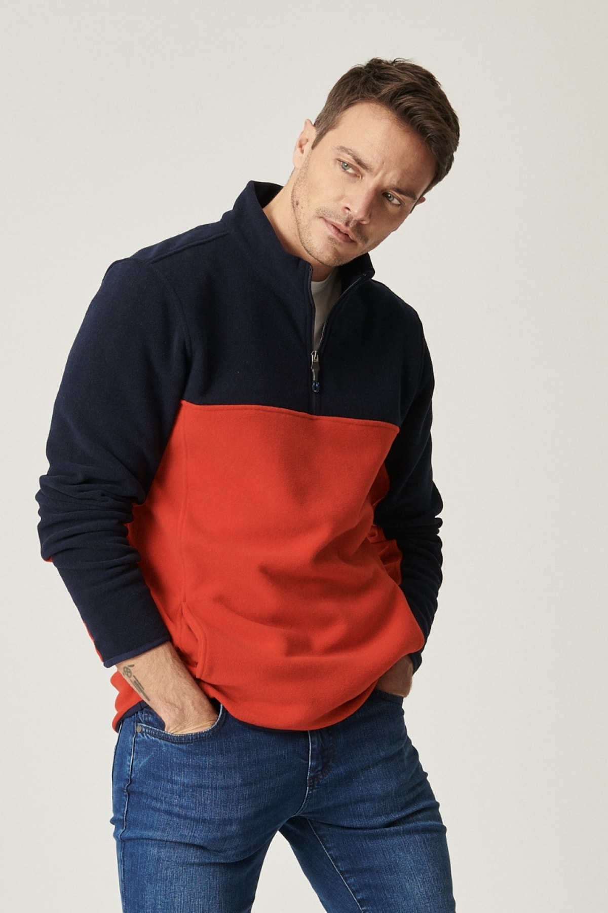Erkek Lacivert-kırmızı Standart Fit Günlük Rahat Çift Renkli Polar Spor Sweatshirt