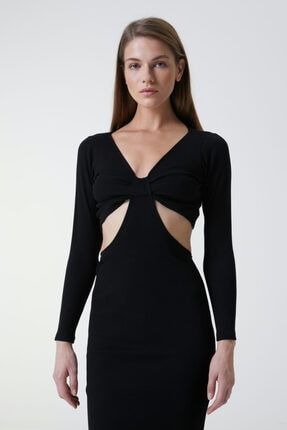 Kadın Siyah Cutout Yan Kısımları Açık Dekolte Midi Elbise cgi01