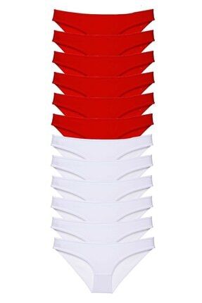 Kadın Beyaz Ve Kırmızı Likralı Penye Pamuk Slip Külot 12'li Paket FUR1032