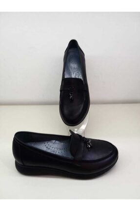 Kadın Hakiki Deri 2,5 Cm Yüksek Ortopedik Tabanlı Siyah Loafer Ayakkabı K-119