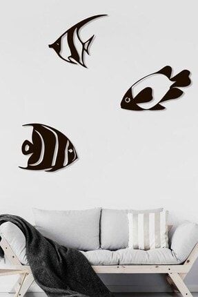 Siyah Ahşap 3lü Balık Duvar Dekoru - Salon Oturma Yatak Çocuk Odası Için 60x50cm Mdf Tablo Seti NT0B10136